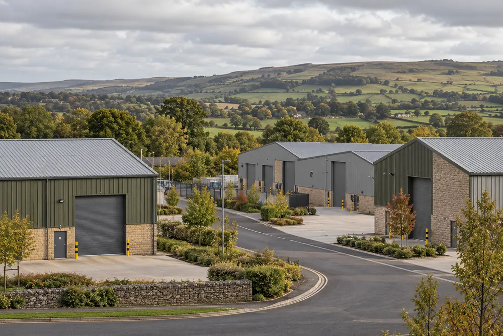 Commercial units and an access road with green hills beyond